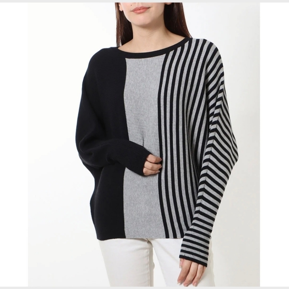 Philosophy 1X Black Gray Stripe Dolman Sleeve Pullover Lightweight Sweater Top‎